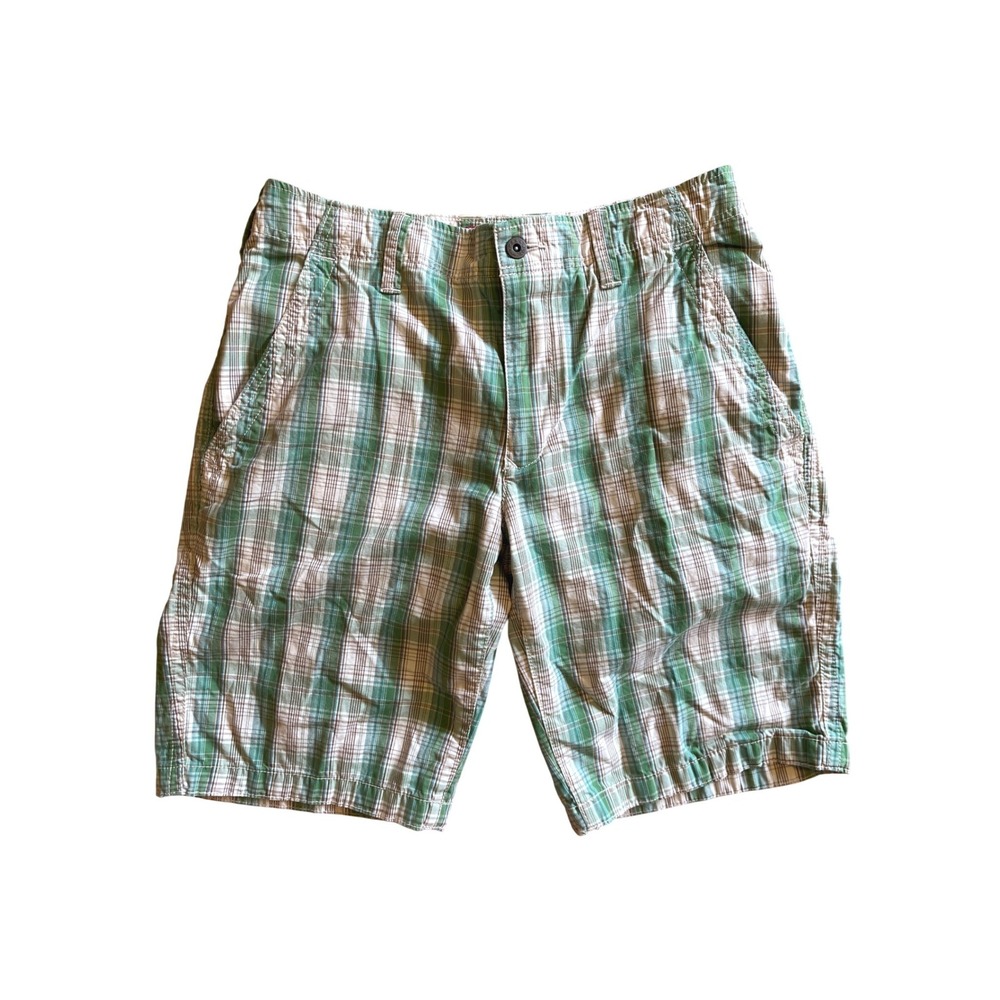 Y2K Cargo Express Mens Green White Plaid Cotton Flat Front Casual Shorts Size 31